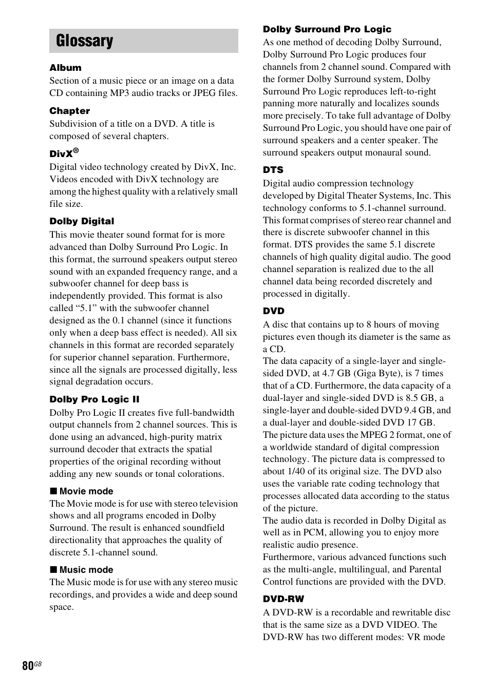 Glossary | Sony SRSDZ10 User Manual | Page 80 / 92