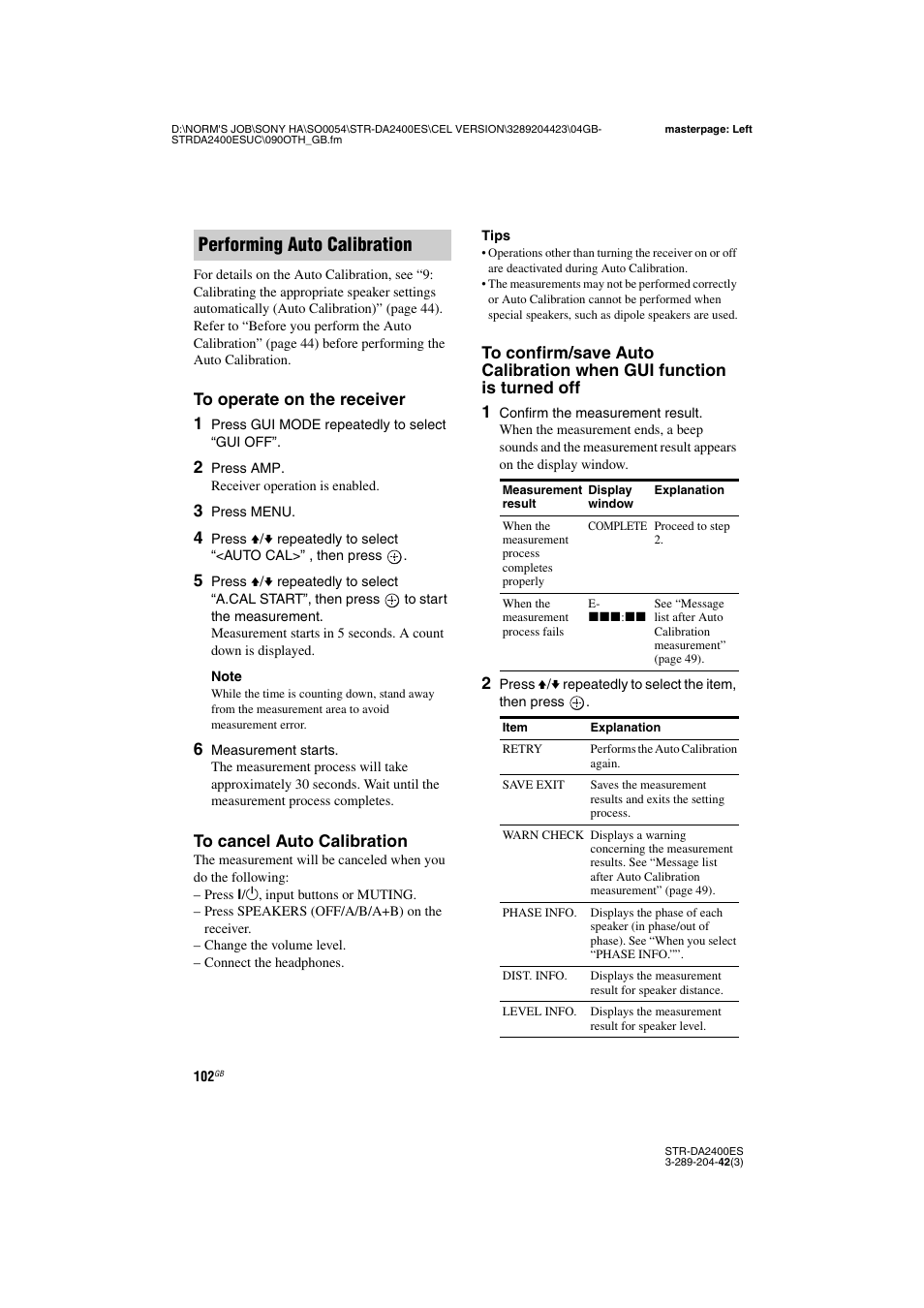 Performing auto calibration | Sony 3-289-204-42(3) User Manual | Page 102 / 128