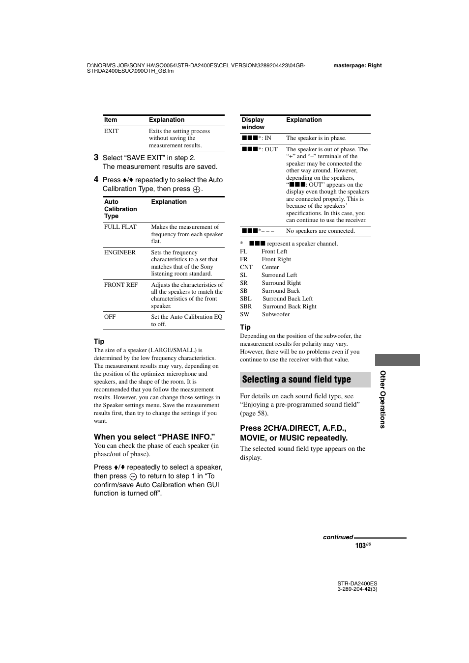 E “when you select “phase info, Selecting a sound field type | Sony 3-289-204-42(3) User Manual | Page 103 / 128