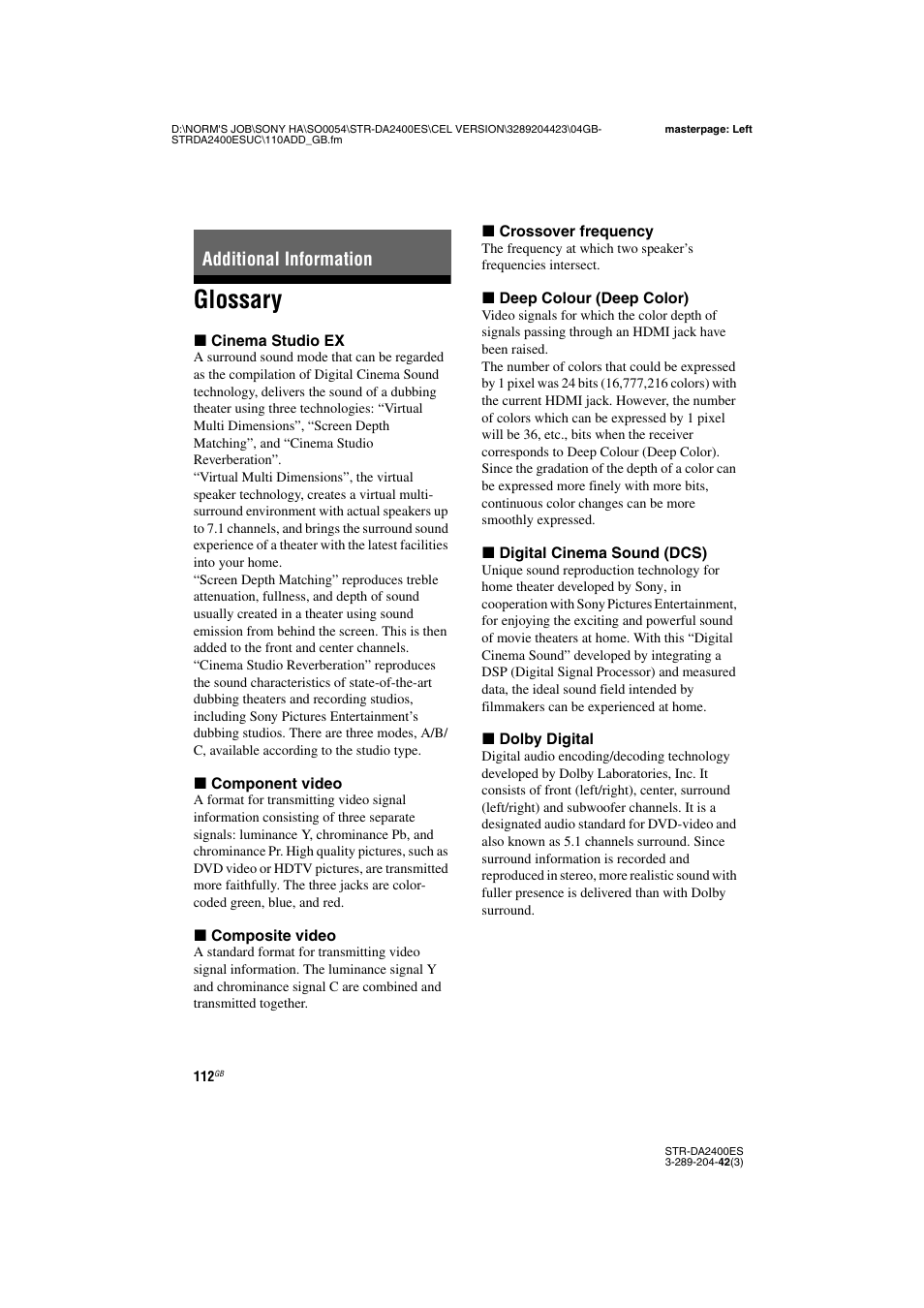Additional information, Glossary | Sony 3-289-204-42(3) User Manual | Page 112 / 128
