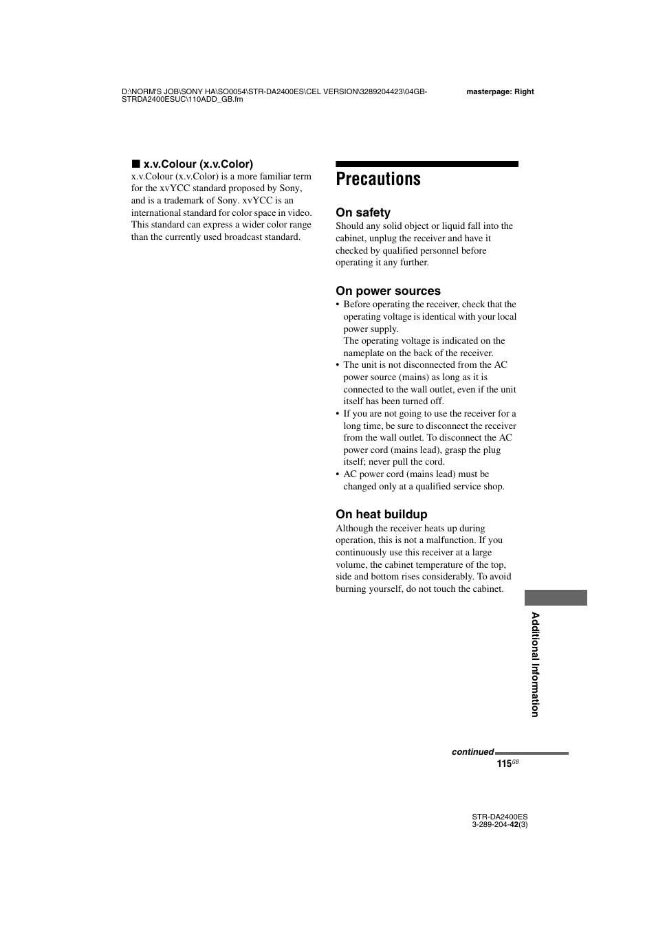 Precautions | Sony 3-289-204-42(3) User Manual | Page 115 / 128