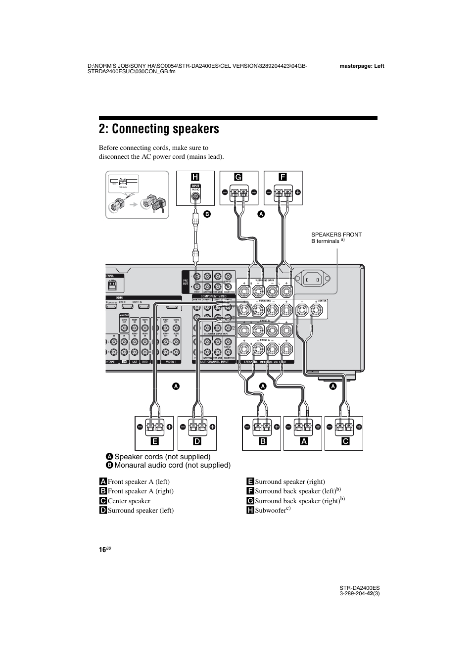 Connecting speakers | Sony 3-289-204-42(3) User Manual | Page 16 / 128