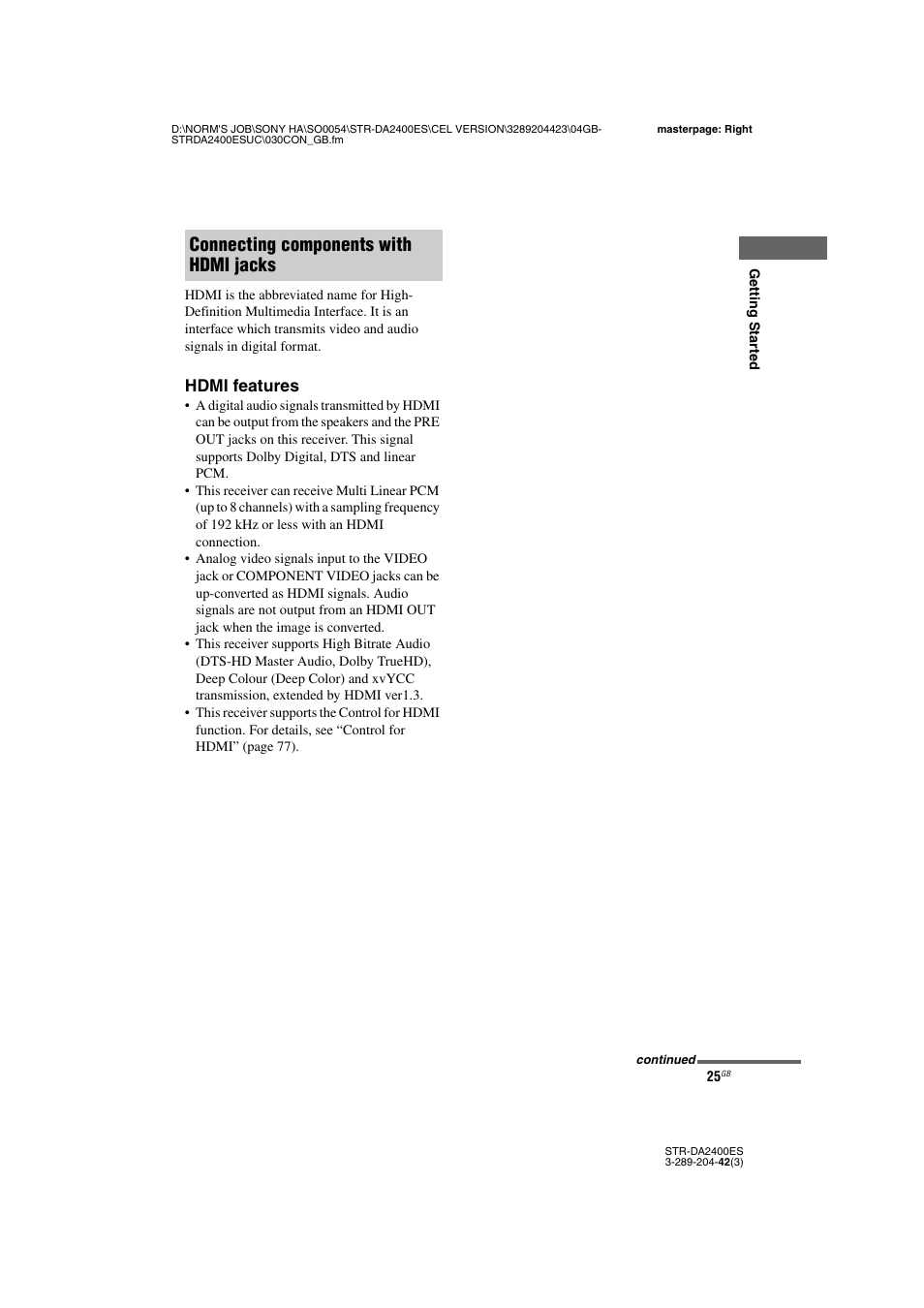 Connecting components with hdmi jacks | Sony 3-289-204-42(3) User Manual | Page 25 / 128