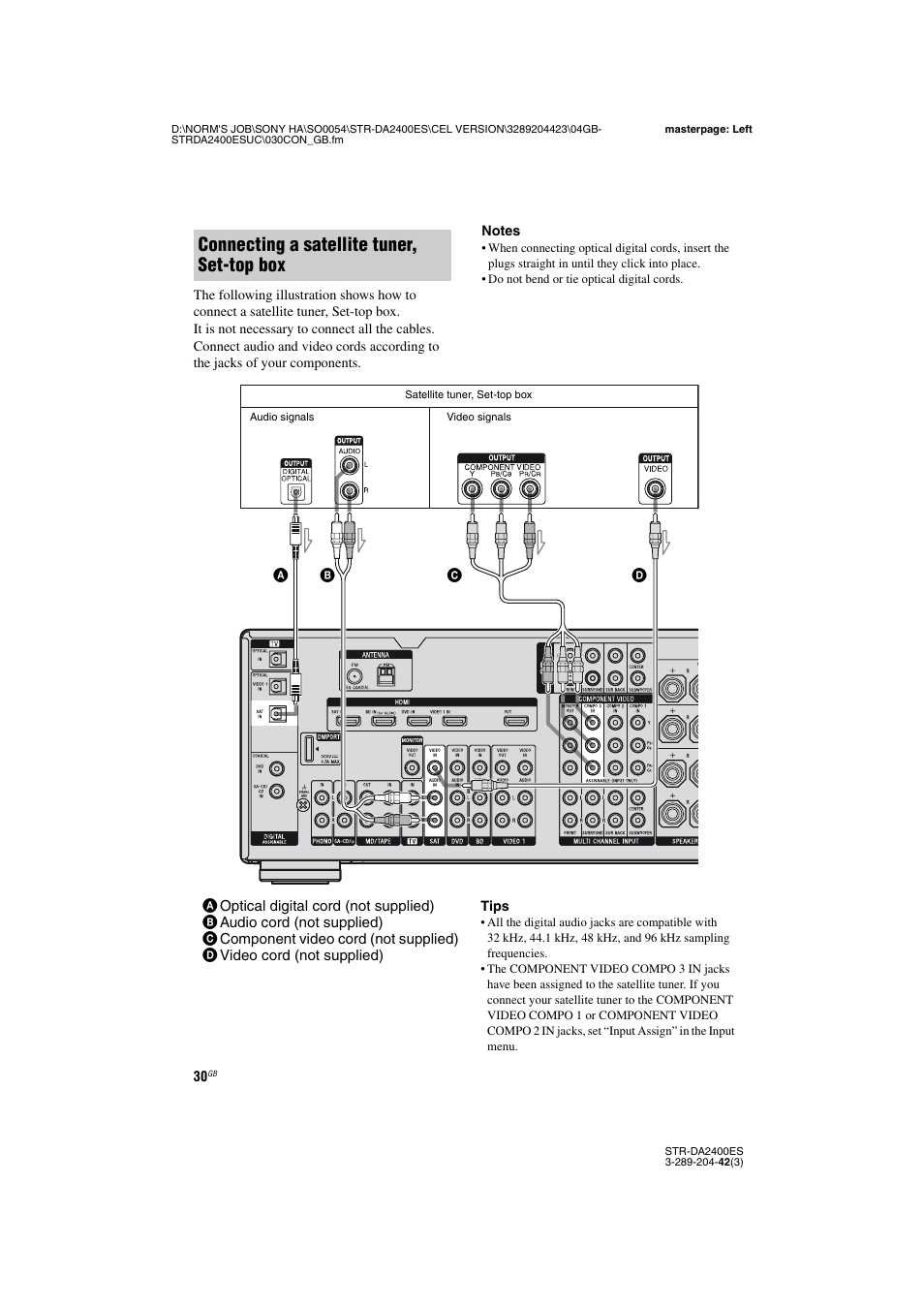 Connecting a satellite tuner, set-top box | Sony 3-289-204-42(3) User Manual | Page 30 / 128