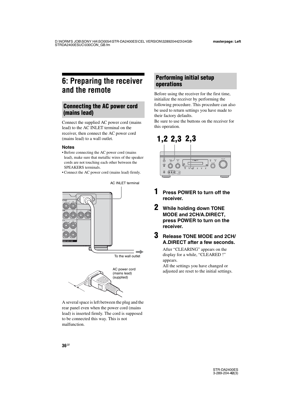 Preparing the receiver and the remote, Connecting the ac power cord (mains lead), Performing initial setup operations | Sony 3-289-204-42(3) User Manual | Page 36 / 128