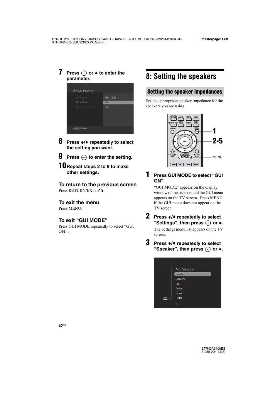 Setting the speakers, Setting the speaker impedances | Sony 3-289-204-42(3) User Manual | Page 42 / 128
