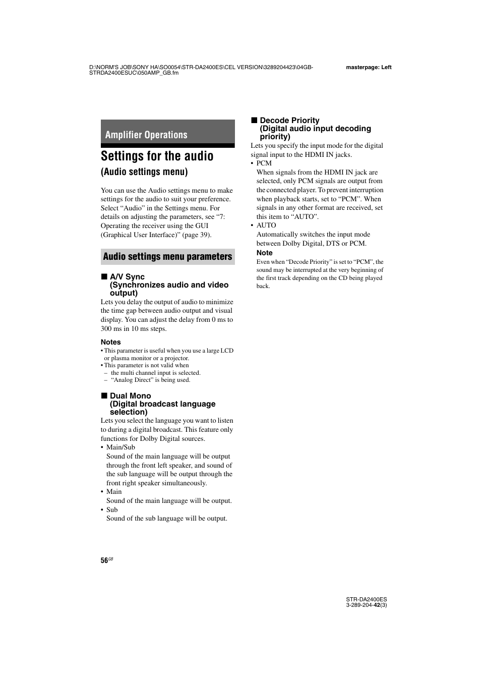 Amplifier operations, Settings for the audio (audio settings menu), Settings for the audio | Audio settings menu) | Sony 3-289-204-42(3) User Manual | Page 56 / 128