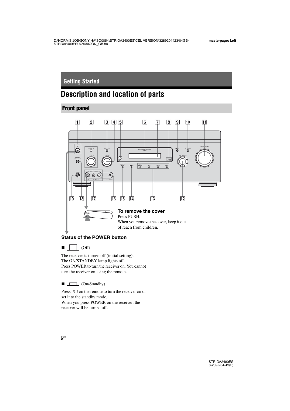 Getting started, Description and location of parts, Getting started front panel | Sony 3-289-204-42(3) User Manual | Page 6 / 128