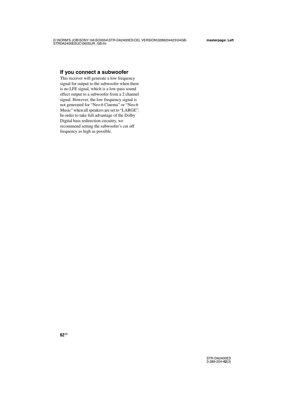 If you connect a subwoofer | Sony 3-289-204-42(3) User Manual | Page 62 / 128