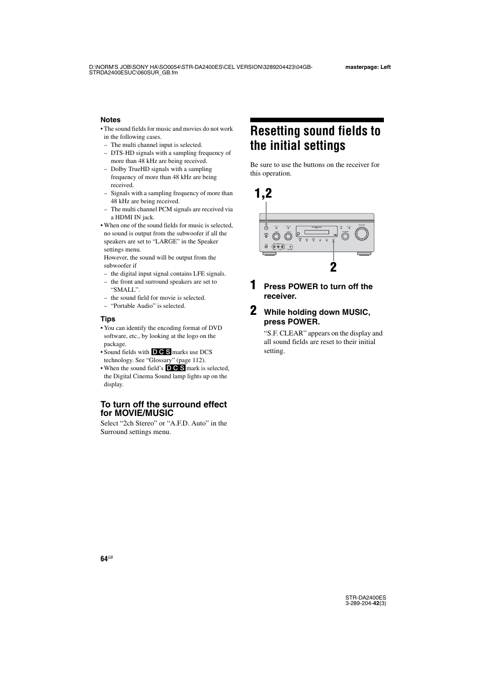 Resetting sound fields to the initial settings, Resetting sound fields to the initial, Settings | Sony 3-289-204-42(3) User Manual | Page 64 / 128