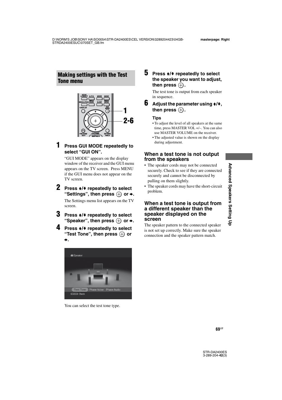 Making settings with the test tone menu, When a test tone is not output from the speakers | Sony 3-289-204-42(3) User Manual | Page 69 / 128