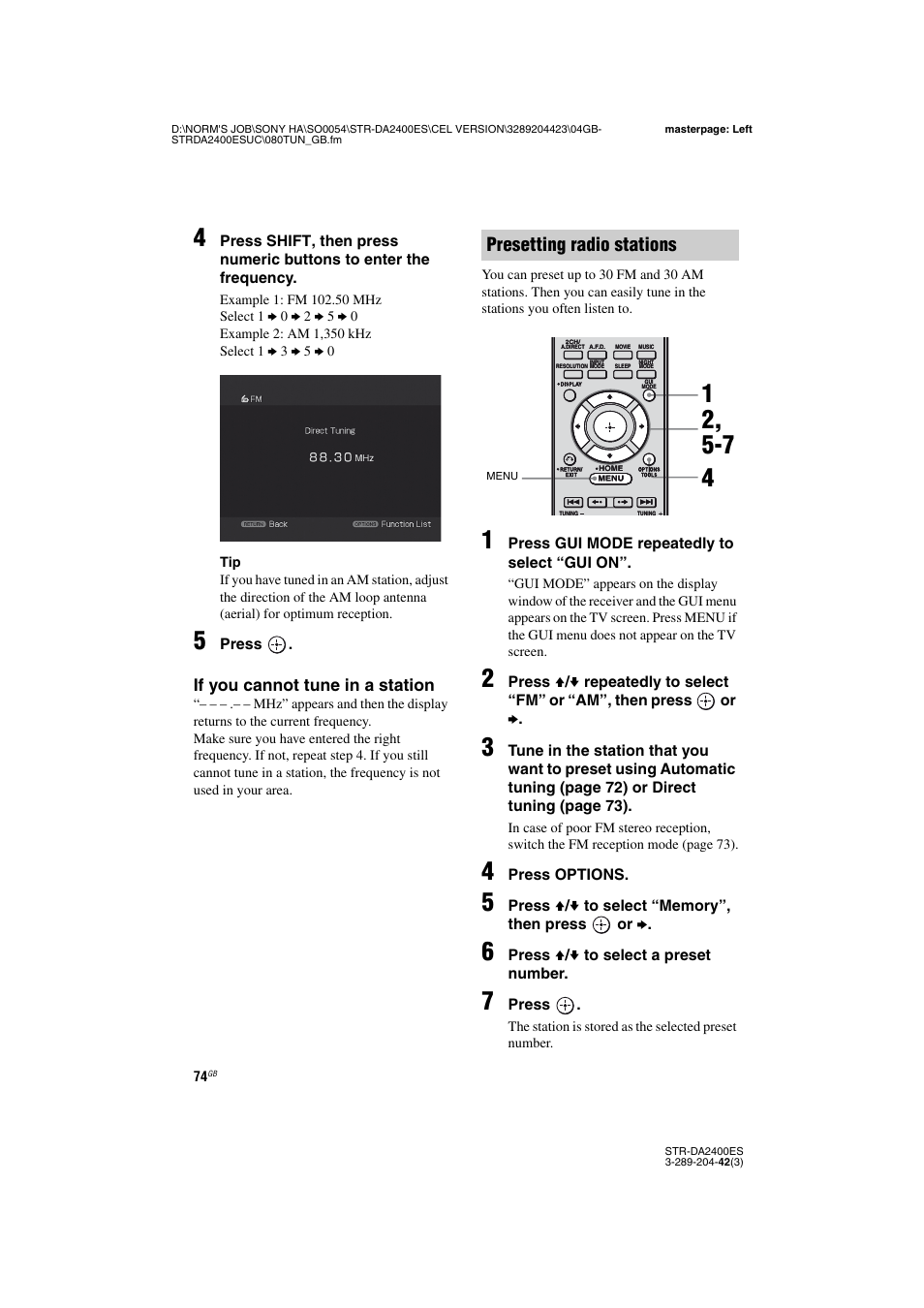Presetting radio stations, If you cannot tune in a station | Sony 3-289-204-42(3) User Manual | Page 74 / 128