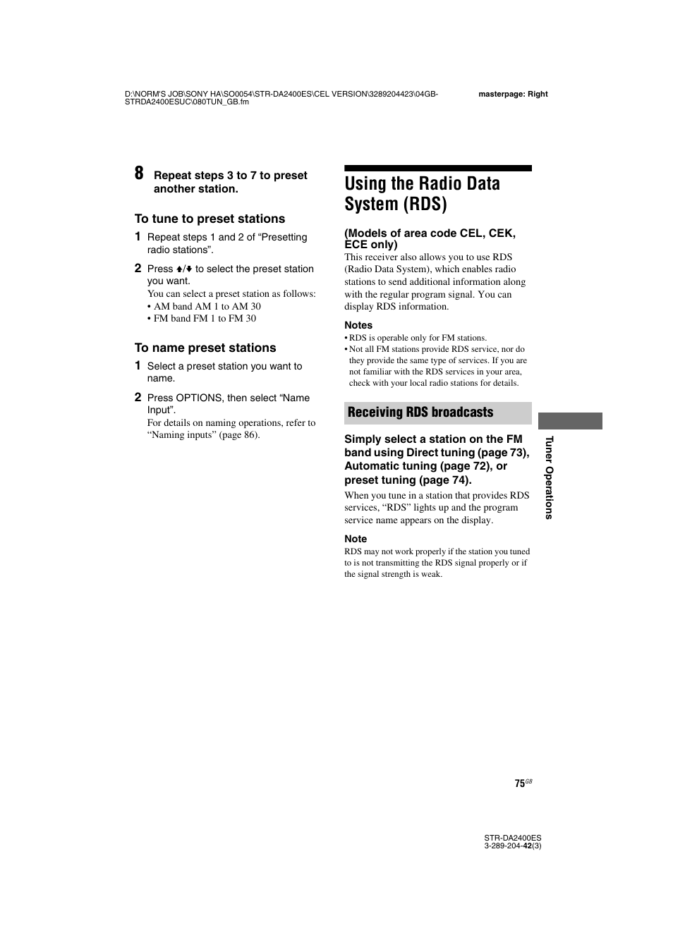 Using the radio data system (rds), Models of area code cel, cek, ece only), Receiving rds broadcasts | Sony 3-289-204-42(3) User Manual | Page 75 / 128
