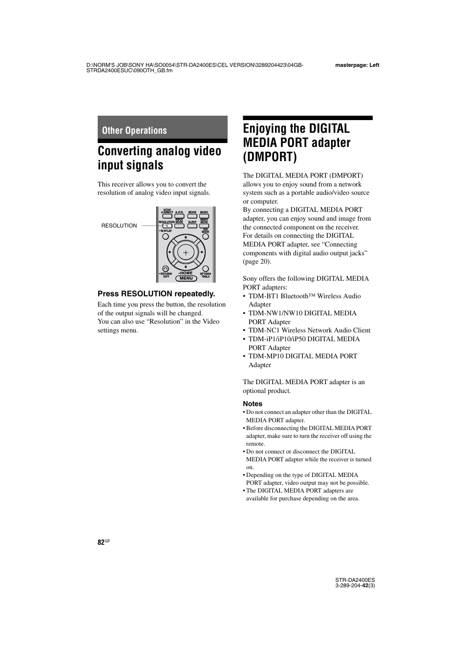 Other operations, Converting analog video input signals, Enjoying the digital media port adapter (dmport) | Adapter (dmport), Press resolution repeatedly | Sony 3-289-204-42(3) User Manual | Page 82 / 128