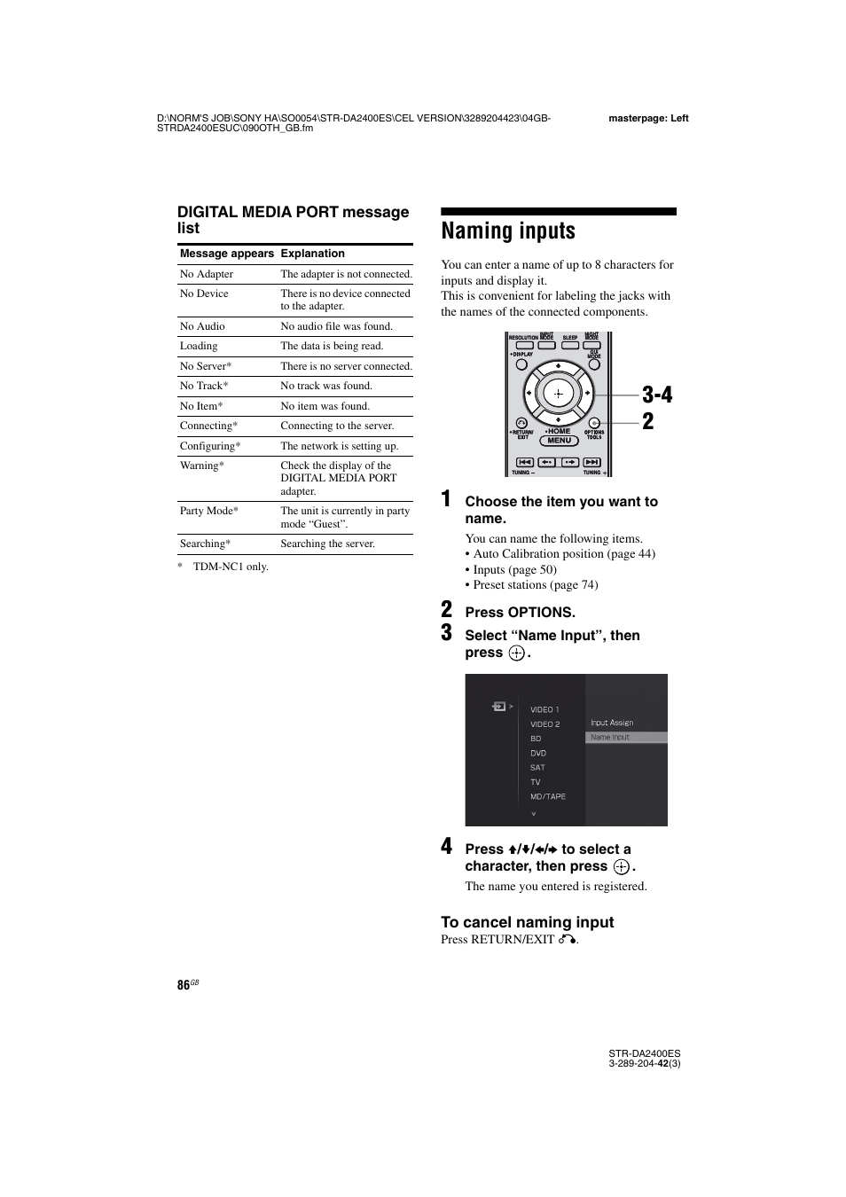 Naming inputs, Digital media port message list | Sony 3-289-204-42(3) User Manual | Page 86 / 128