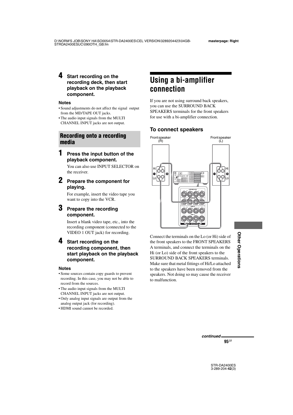 Using a bi-amplifier connection, Recording onto a recording media | Sony 3-289-204-42(3) User Manual | Page 95 / 128
