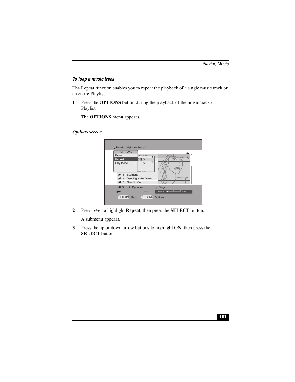 To loop a music track, Playing music | Sony PCNA-MR10 User Manual | Page 101 / 132
