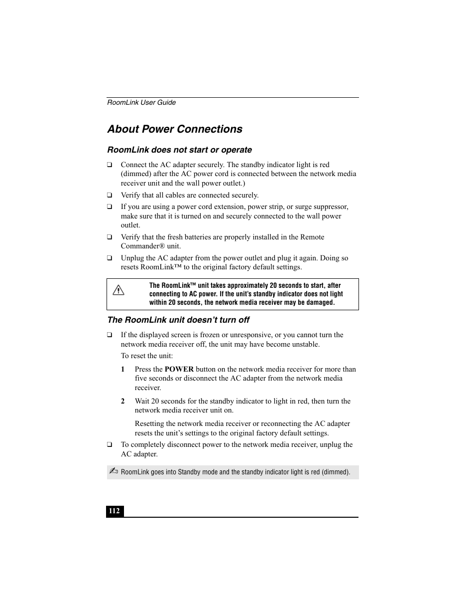 About power connections, Roomlink does not start or operate, The roomlink unit doesn’t turn off | Sony PCNA-MR10 User Manual | Page 112 / 132
