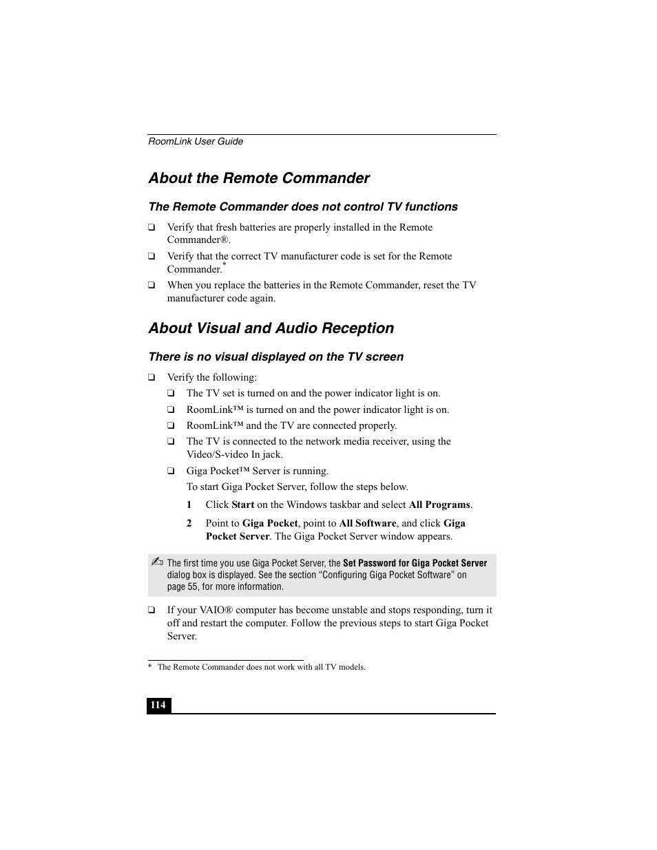 About the remote commander, The remote commander does not control tv functions, About visual and audio reception | There is no visual displayed on the tv screen | Sony PCNA-MR10 User Manual | Page 114 / 132