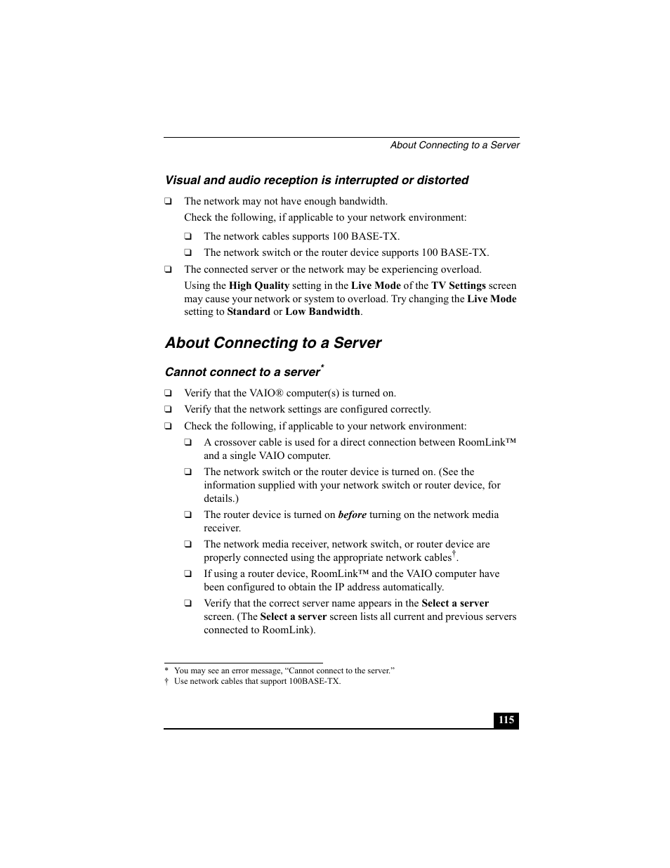 About connecting to a server, Cannot connect to a server | Sony PCNA-MR10 User Manual | Page 115 / 132