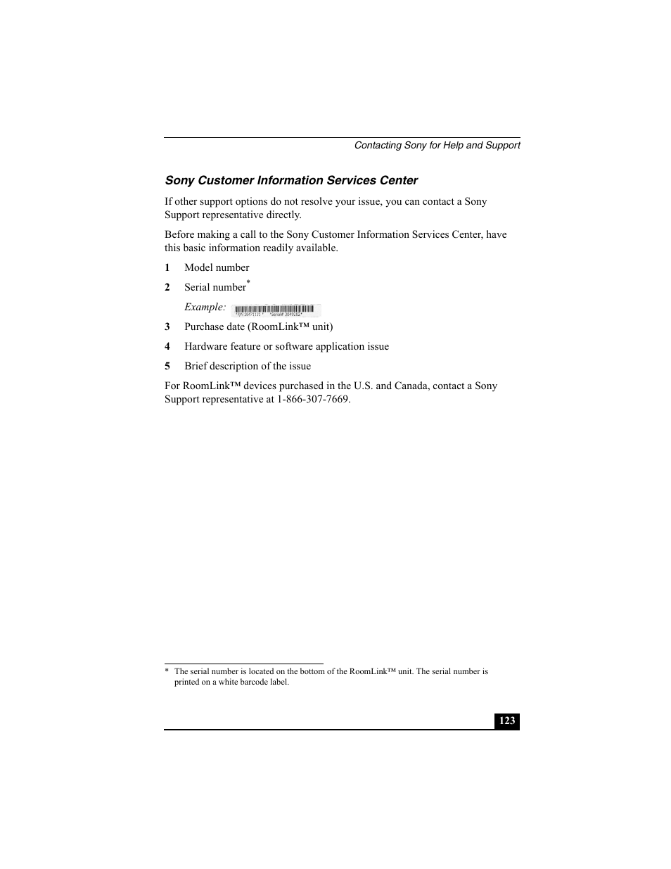 Sony customer information services center | Sony PCNA-MR10 User Manual | Page 123 / 132