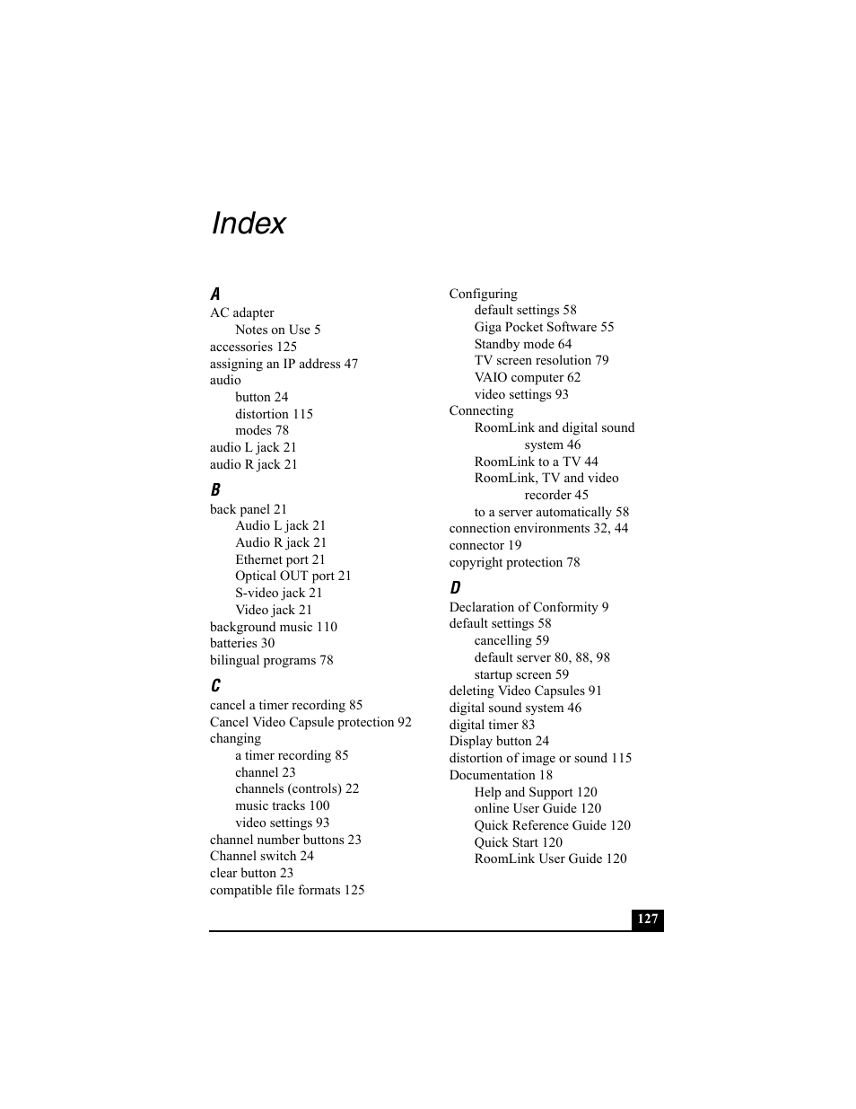 Index | Sony PCNA-MR10 User Manual | Page 127 / 132