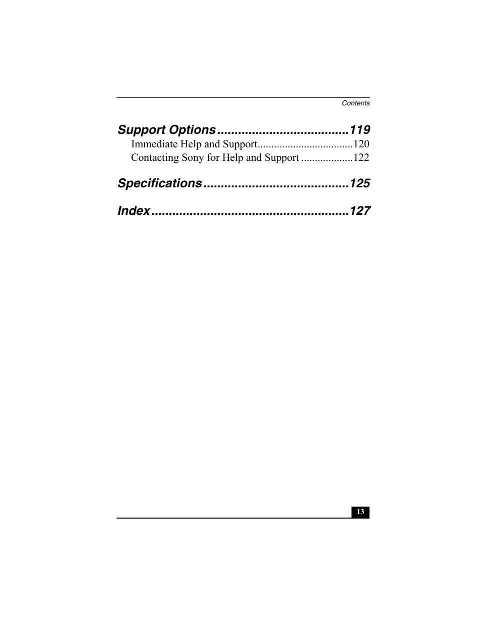 Support options, Specifications index | Sony PCNA-MR10 User Manual | Page 13 / 132