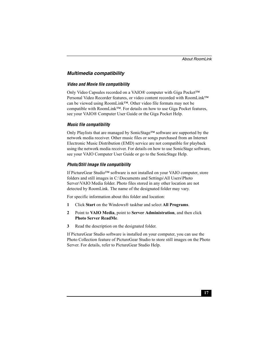 Multimedia compatibility, Video and movie file compatibility, Music file compatibility | Photo/still image file compatibility | Sony PCNA-MR10 User Manual | Page 17 / 132