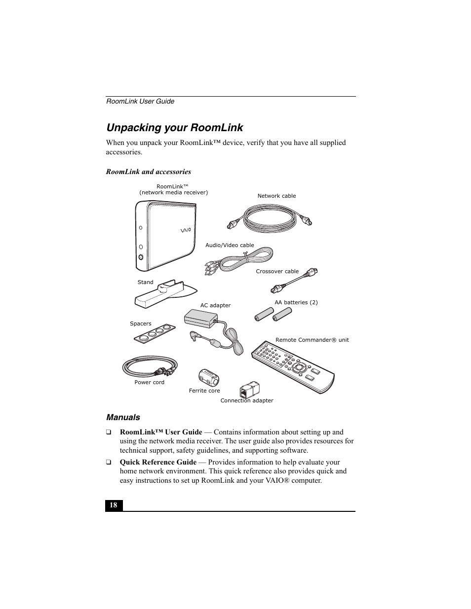 Unpacking your roomlink, Manuals | Sony PCNA-MR10 User Manual | Page 18 / 132