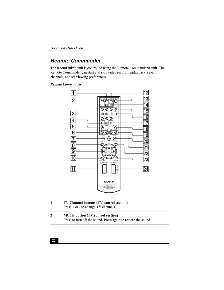 Remote commander, Roomlink user guide | Sony PCNA-MR10 User Manual | Page 22 / 132