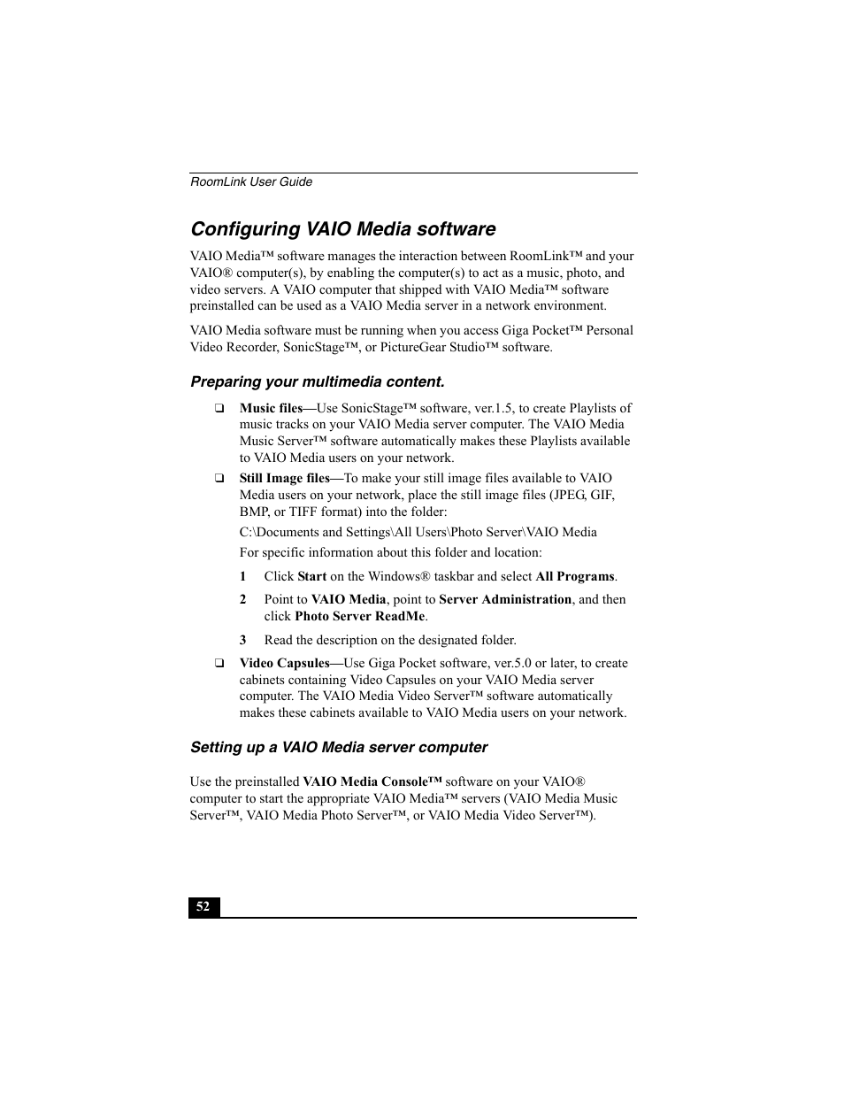 Configuring vaio media software, Preparing your multimedia content, Setting up a vaio media server computer | Sony PCNA-MR10 User Manual | Page 52 / 132