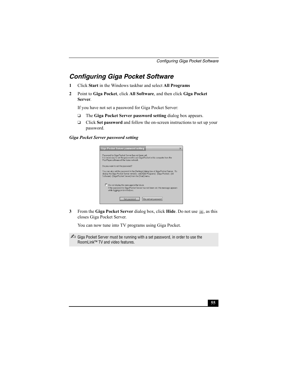 Configuring giga pocket software | Sony PCNA-MR10 User Manual | Page 55 / 132