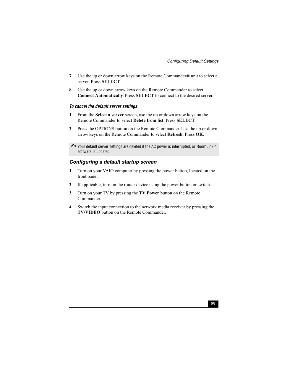 To cancel the default server settings, Configuring a default startup screen | Sony PCNA-MR10 User Manual | Page 59 / 132