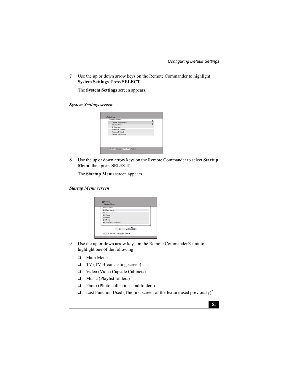 Main menu, Tv (tv broadcasting screen), Video (video capsule cabinets) | Music (playlist folders), Photo (photo collections and folders), System settings screen startup menu screen, Configuring default settings | Sony PCNA-MR10 User Manual | Page 61 / 132