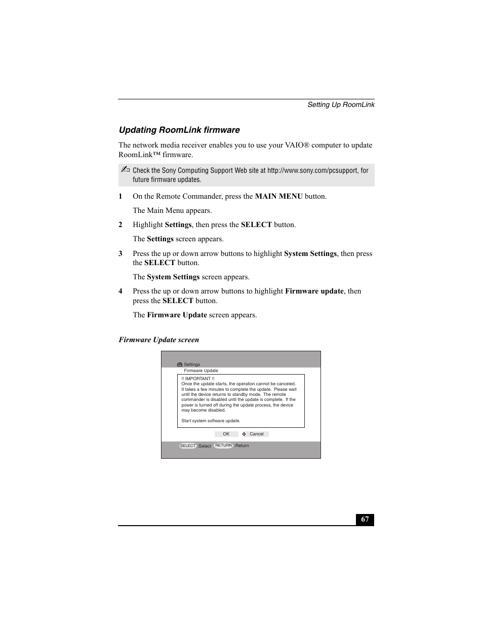 Updating roomlink firmware | Sony PCNA-MR10 User Manual | Page 67 / 132