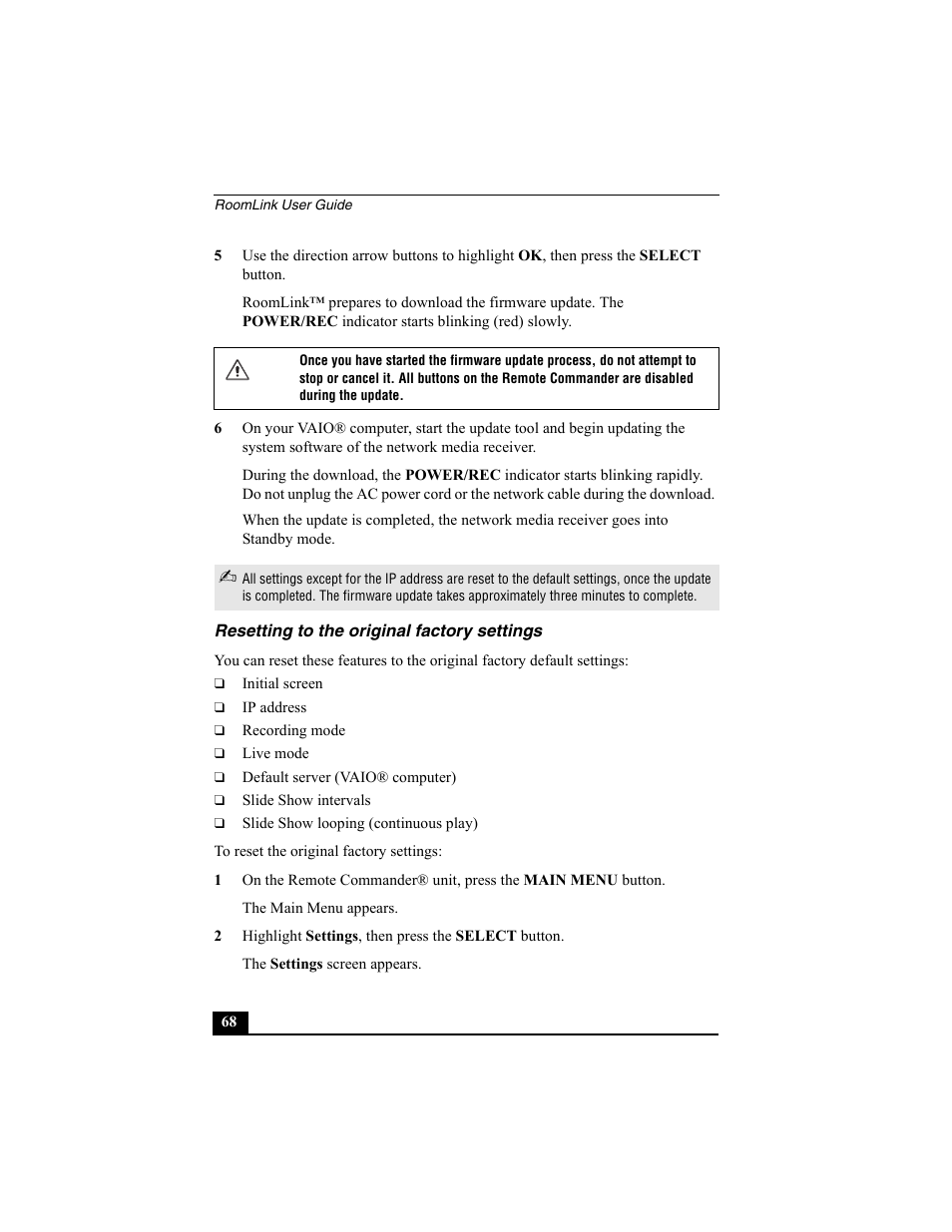 Resetting to the original factory settings | Sony PCNA-MR10 User Manual | Page 68 / 132