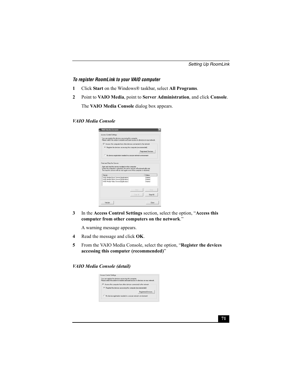 To register roomlink to your vaio computer | Sony PCNA-MR10 User Manual | Page 71 / 132