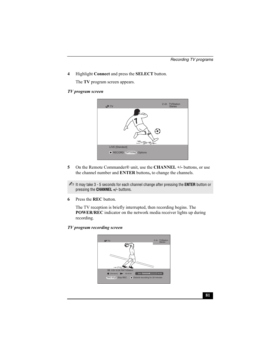 Tv program recording screen, Recording tv programs | Sony PCNA-MR10 User Manual | Page 81 / 132