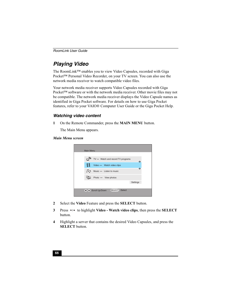 Playing video, Watching video content | Sony PCNA-MR10 User Manual | Page 88 / 132