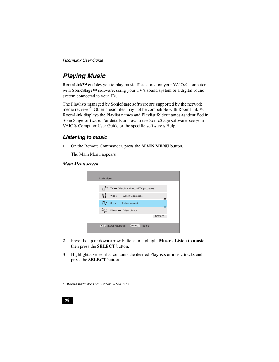 Playing music, Listening to music | Sony PCNA-MR10 User Manual | Page 98 / 132