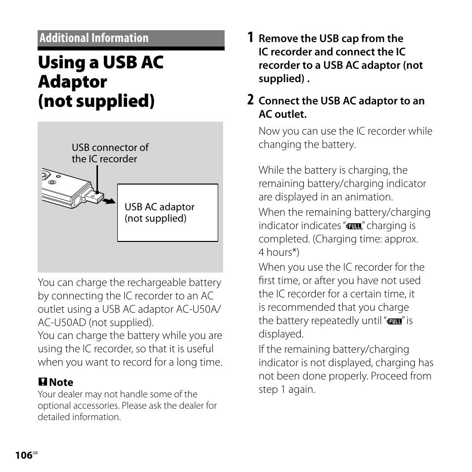Additional information, Using a usb ac adaptor (not supplied), Using a usb ac adaptor | Not supplied) | Sony CD-UX71 User Manual | Page 106 / 116