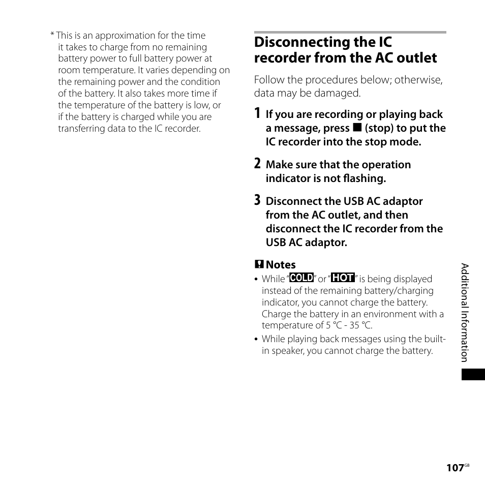 Disconnecting the ic recorder from the ac outlet, Disconnecting the ic recorder from, The ac outlet | Sony CD-UX71 User Manual | Page 107 / 116