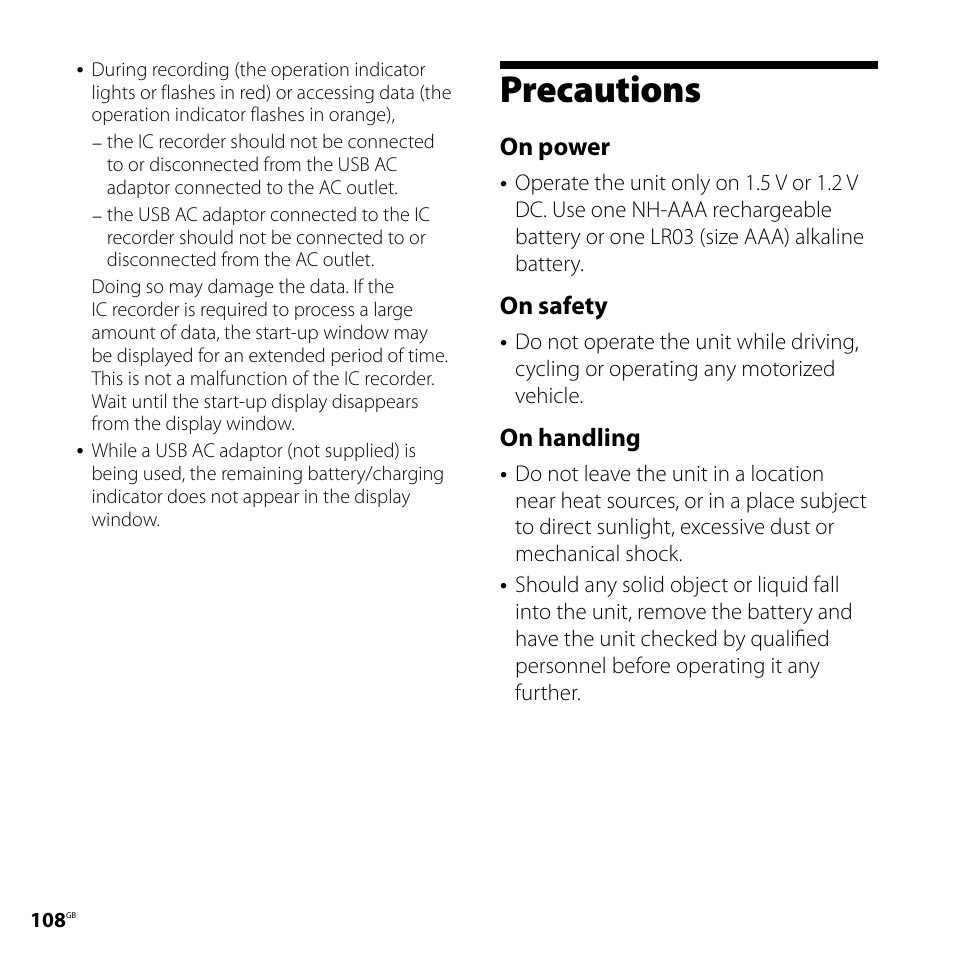 Precautions, On power, On safety | On handling | Sony CD-UX71 User Manual | Page 108 / 116