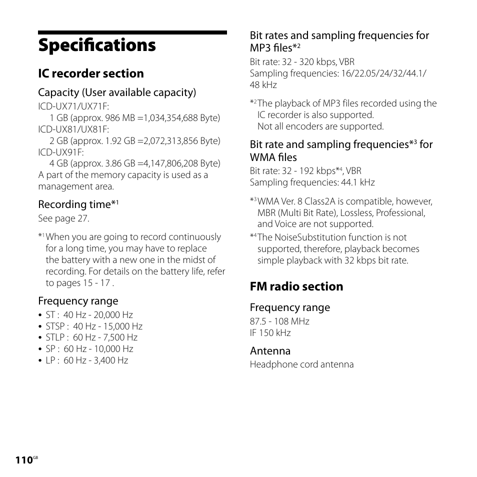 Specifications | Sony CD-UX71 User Manual | Page 110 / 116