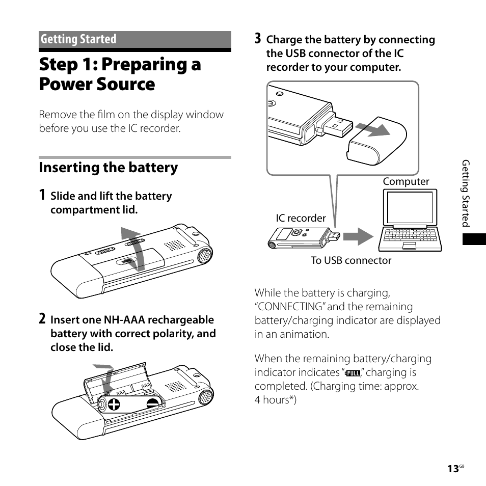 Getting started, Step 1: preparing a power source, Inserting the battery | Tment (13) | Sony CD-UX71 User Manual | Page 13 / 116
