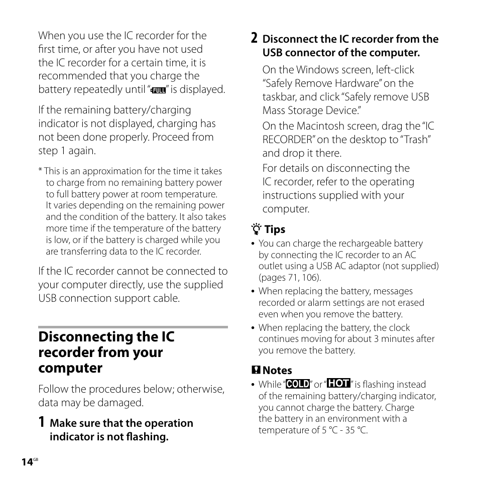 Disconnecting the ic recorder from your computer, Disconnecting the ic recorder from, Your computer | Sony CD-UX71 User Manual | Page 14 / 116