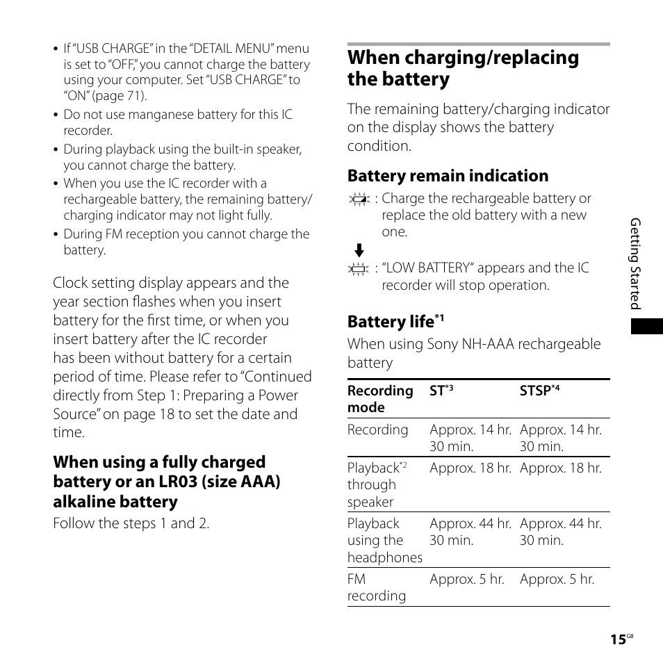 When charging/replacing the battery, When charging/replacing the, Battery | Battery remain indication, Battery life | Sony CD-UX71 User Manual | Page 15 / 116