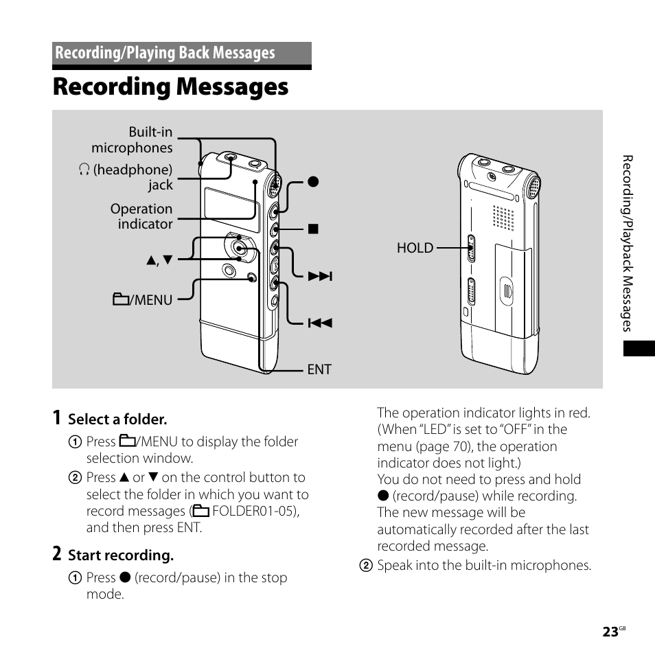 Recording/playing back messages, Recording messages, Recording/playing back | Messages | Sony CD-UX71 User Manual | Page 23 / 116