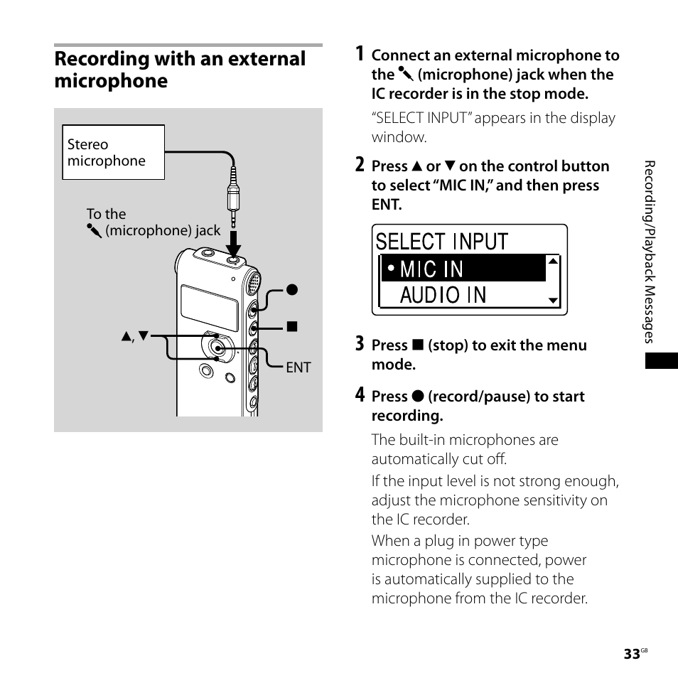 Recording with an external microphone, Recording with an external, Microphone | Sony CD-UX71 User Manual | Page 33 / 116