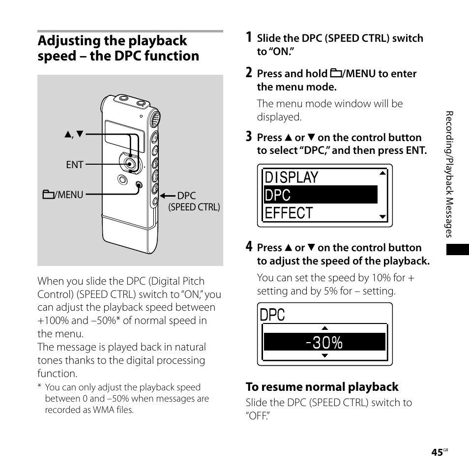 Adjusting the playback speed – the dpc function, Adjusting the playback speed, The dpc function | Sony CD-UX71 User Manual | Page 45 / 116